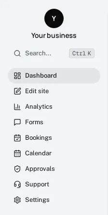 The portal sidebar: your business name at the top, a search box, then Dashboard, Edit site, Analytics, Forms, Bookings, Calendar, Approvals, Support and Settings.